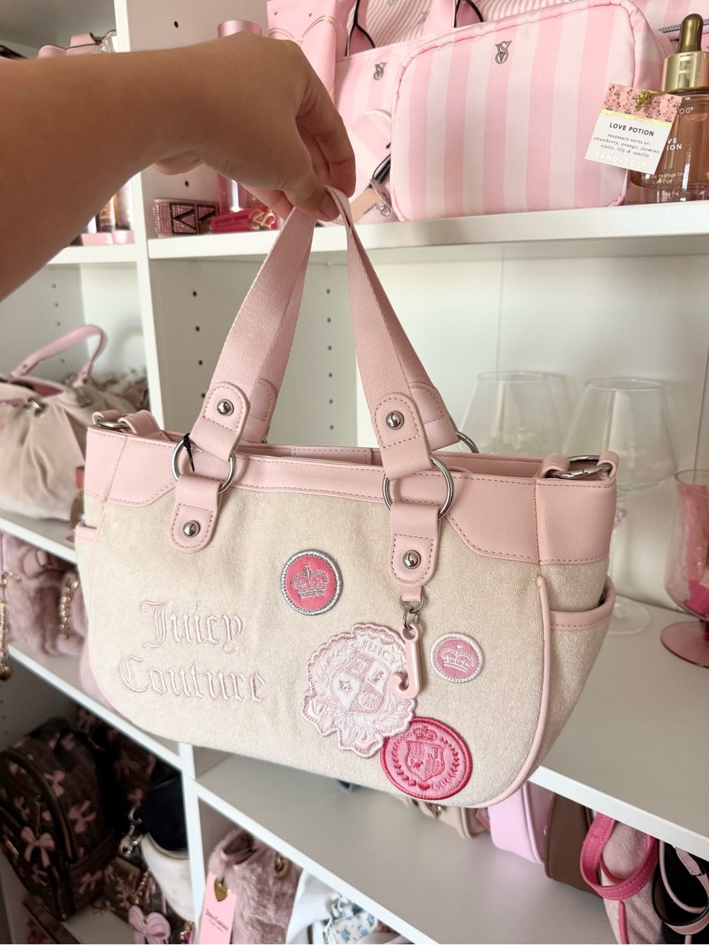 Juicy Couture “Juicy Girls Rule” Pink and Cream Embroidered Patch Crossbody Tote